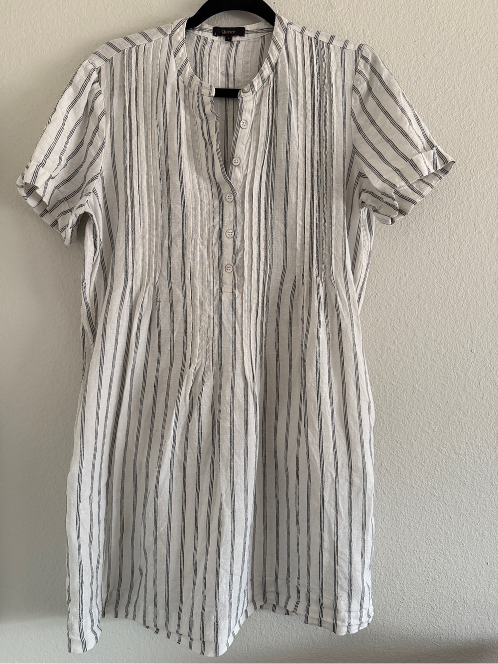 Quince Shirt Dress S White/Black Striped European Linen Short Sleeve
